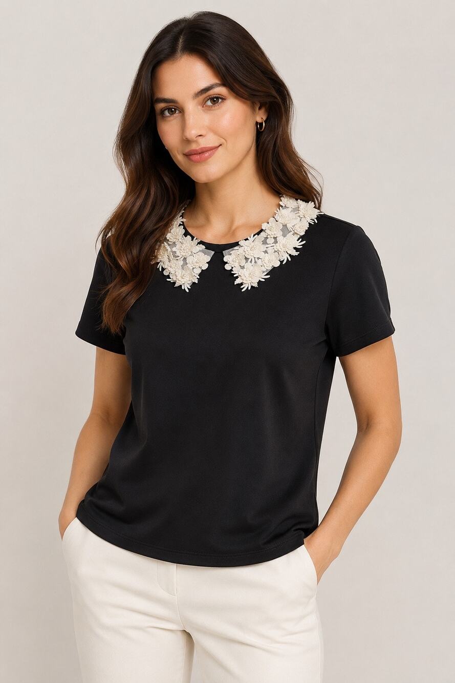 Aqua Floral Collar Top XS NWT Black Embellished Peter Pan Collar